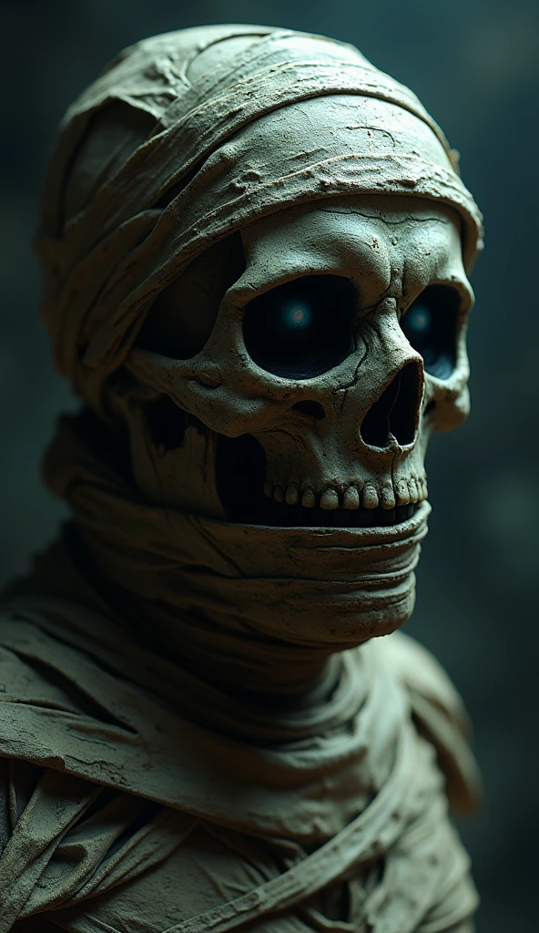 Cyborg mummy, intricate robotic details, glowing yellow eyes, menacing look, wrapped up in bandages, golden headdress, desert background, Unreal Engine 4, cinematic lighting, anime