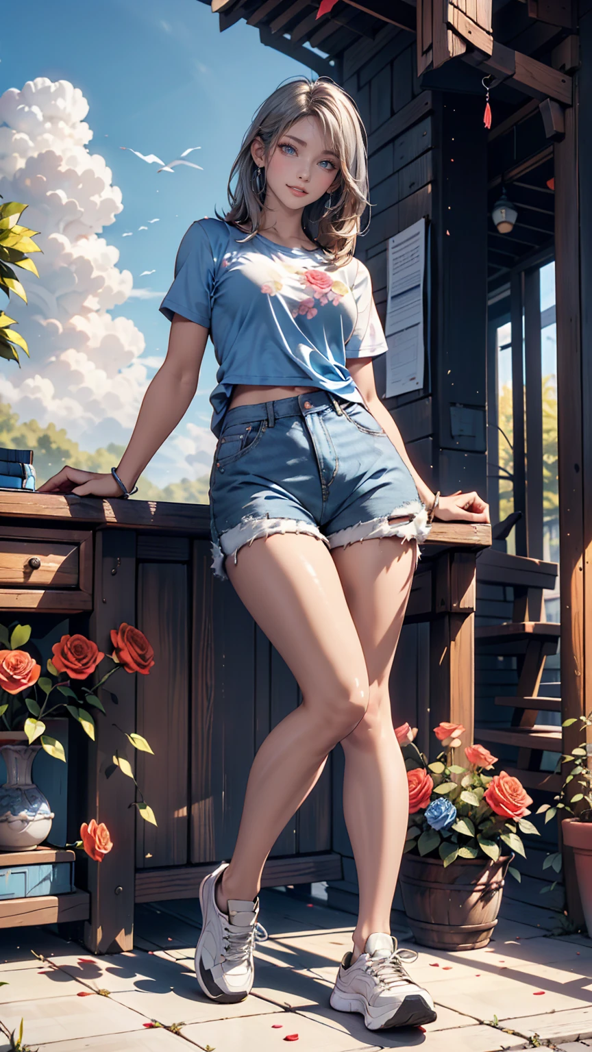 masterpiece, best quality, highres, high detail, beautiful woman, wavy hair, (pink hair), (blue eyes), ((blue tank top and unbuttoned jean jacket)), ((long black skirt)), midi pencil skirt, midriff, leather boots, wearing headphones, bracelets, looking at viewer, rainy backdrop, storm, clouds, garden, park, lake, (cloudy sky),