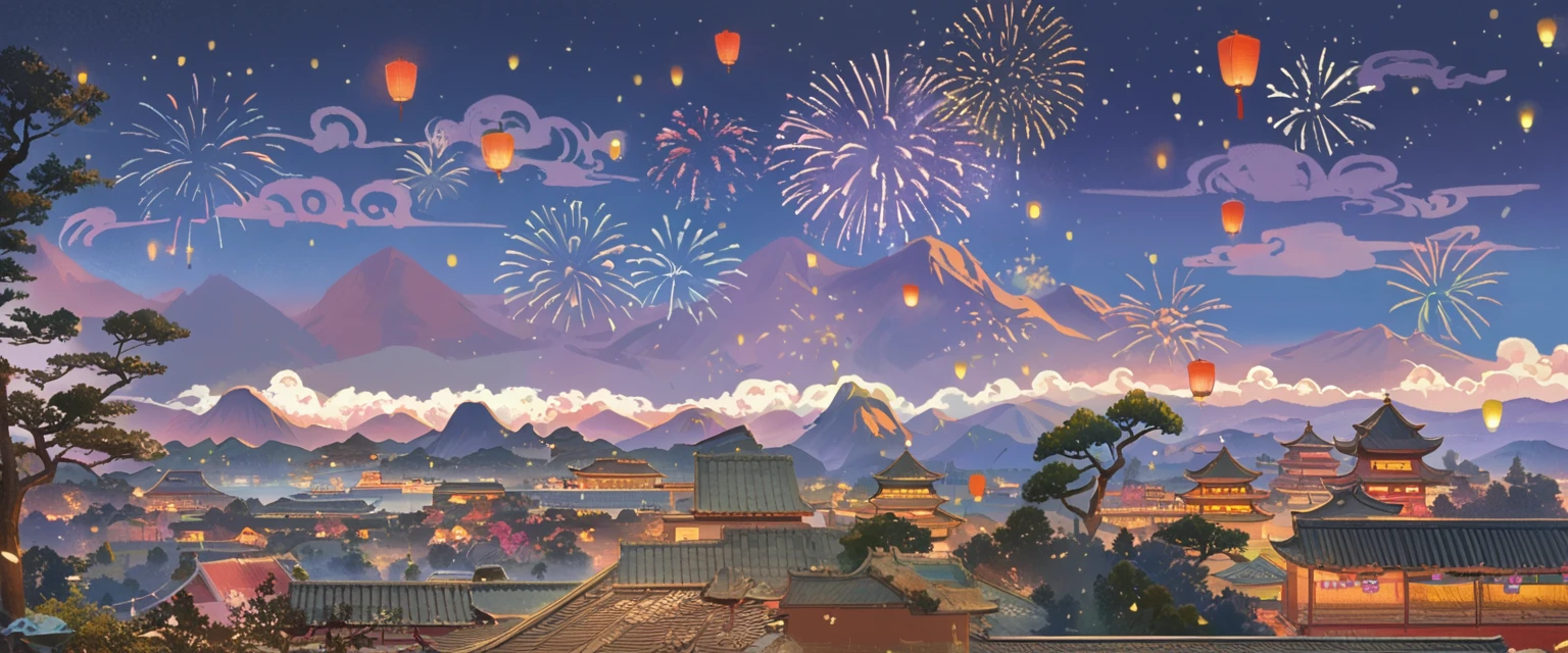 Chinese style， red background ，Depth of Field，Vision，Scene Graph，far away，Vision，Auspicious Clouds，Cirrus ，Original painting style，Distant Mountains， holiday atmosphere，Spring Festival，far away的灯笼和孔明灯，night，Dark，Season ，Sense of atmosphere，Ink，fireworks，The Great Tang Dynasty， no one，bustling，, I only see the roof ，street，ground，far away的小孔明灯，joy，Mountains and Rivers，red environment，Warm light，The mountain is very short，No birds ，Fireworks，Cheerful