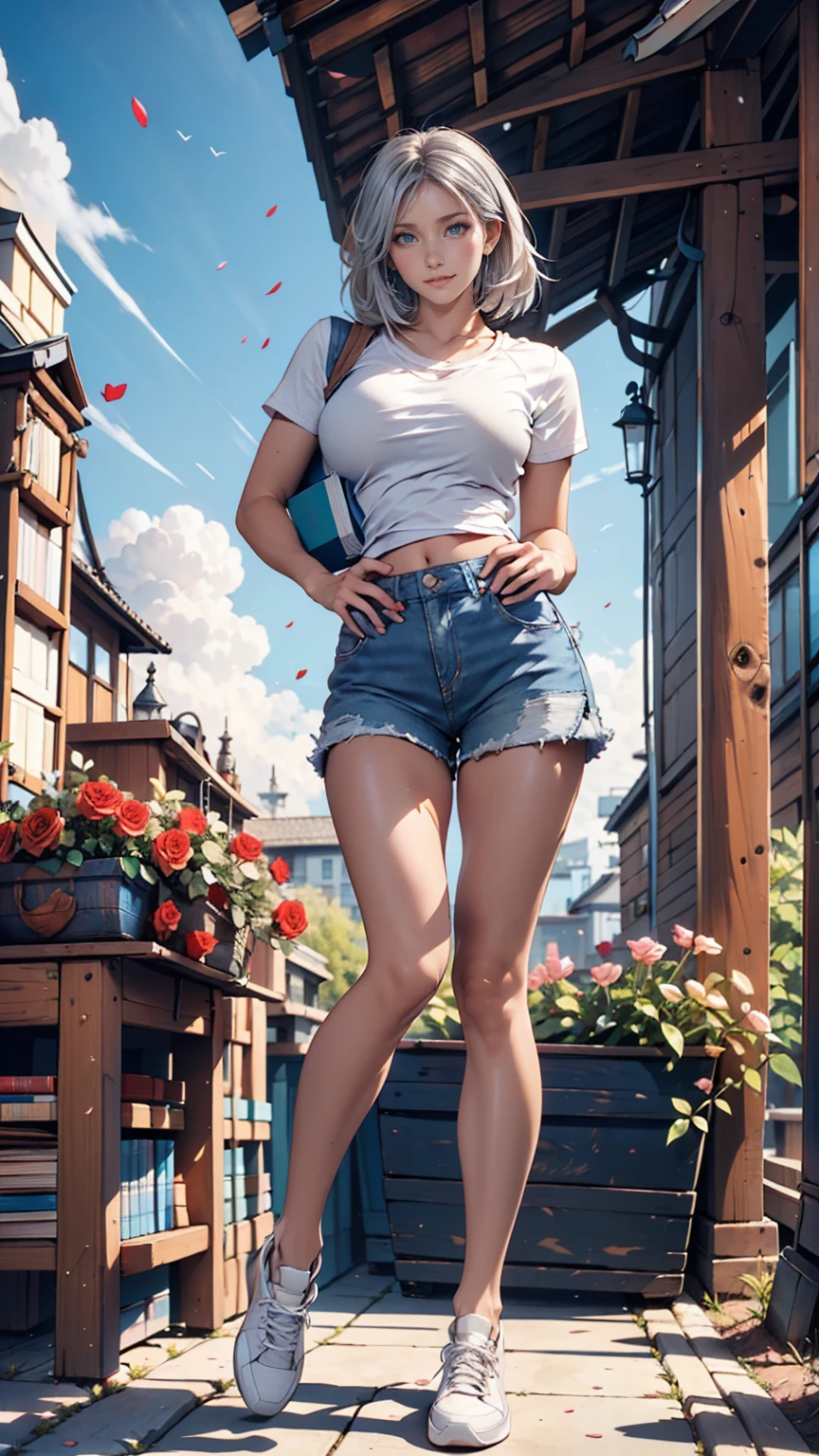 masterpiece,  young beautiful girl , smile,  looking at the camera, Standing in front of a group of roses, Wearing shorts and a T-shirt,  White Sneakers . I'm wearing a top and shorts, flower,  full body photo,  casual pose holding a textbook, Thin legs、 tight waist 、Silver Hair、 blue eyes、sexy、blue sky、cloud