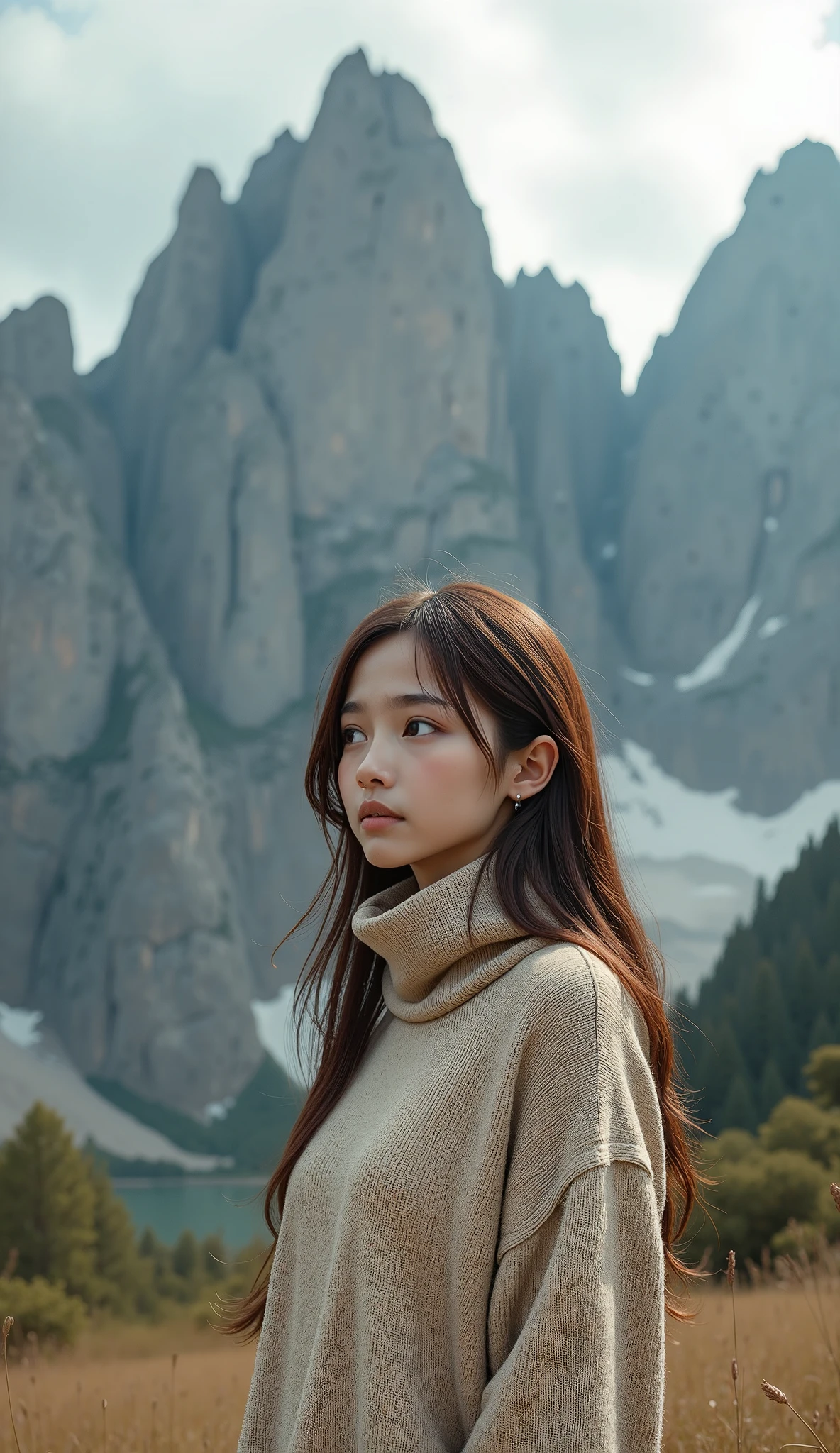 Best Quality,  absurd,  very detailed, In the mountains_this,  1 girl, Alone_concentrated,  please lower your hair 、High neck knit、 beige knit