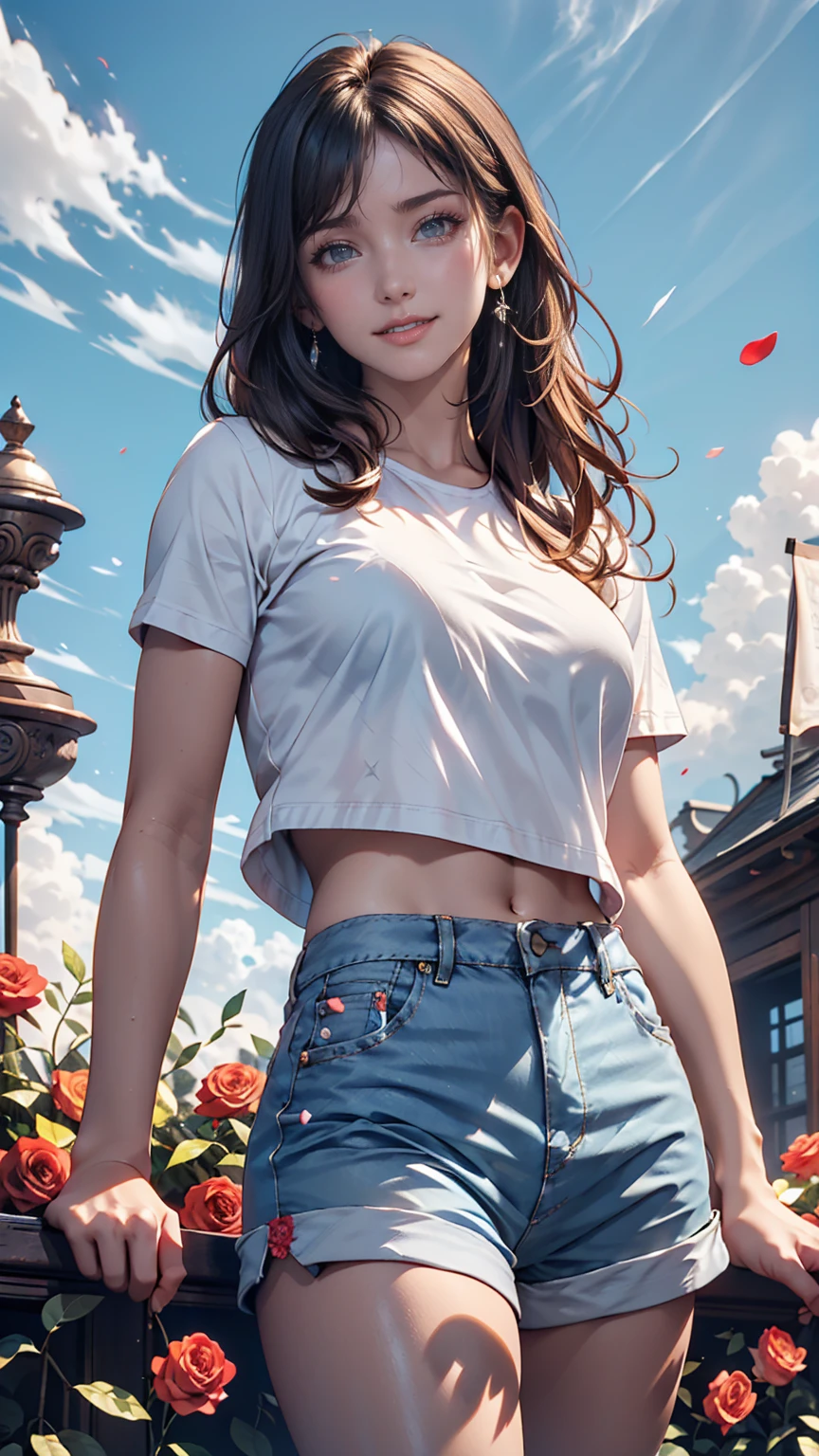 masterpiece,  young beautiful girl , smile,  looking at the camera, Standing in front of a group of roses, Wearing shorts and a T-shirt,  White Sneakers . I'm wearing a top and shorts, flower,  full body photo,  casual pose holding a textbook, Thin legs、 tight waist 、Silver Hair、 blue eyes、sexy、blue sky、cloud