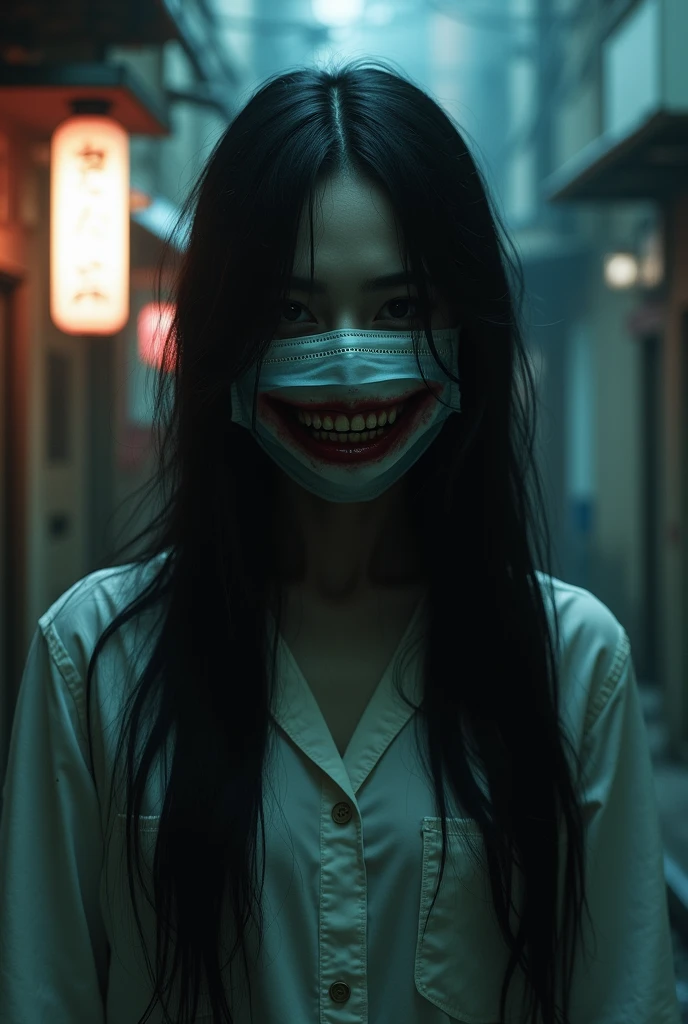 Create an original yokai named Sakeko. This yokai is a woman with a mouth split from ear to ear, holding shards of a broken mirror, with completely black eyes that do not reflect light, wearing a bloodstained white kimono. When she laughs, the slit widens further, she appears when a cold wind blows, and her laughter echoes ominously. The background is in front of an ancient shrine, emphasizing a haunted and eerie atmosphere.