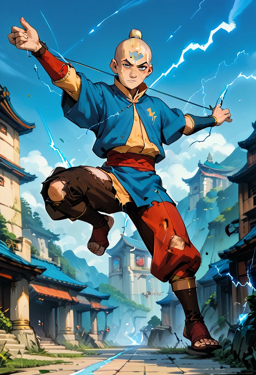  Aang, The Last Airbender, full body,  bald, blue arrow forehead tattoo, he is being electrocuted by  a powerful bolt of blue lightning, he is suspended in the air, painful expression, contorted limbs, bruised and beaten, torn clothes,