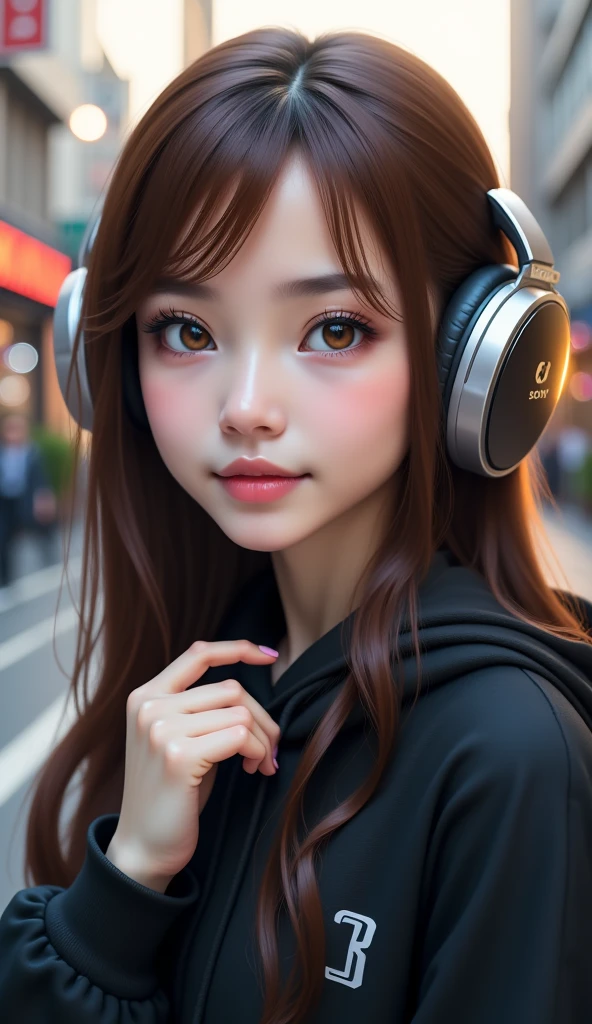 sonyの  headphonesを着用している:1.5、  headphones、 One naughty girl 、Magical Girl、  COMPLETE ANATOMY 、  small face、Fuller lips、Brown Hair、Distinctive hairstyle、Dove Kyun's finger looks like 、Modern hoodie、  knee socks、((( blurry background、Street Corner、day々view of)))、  Inverted nipples 、 High image quality、 High image quality、   cinematic way to write 、 professional photographer 