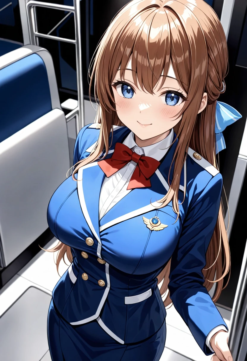 masterpiece, best quality, good quality, KanzakiAoi , KanzakiAoi, KanzakiAoi, 1girl, solo, long hair, brown hair, blue eyes, large breasts, hair ribbon, flight attendant costume,