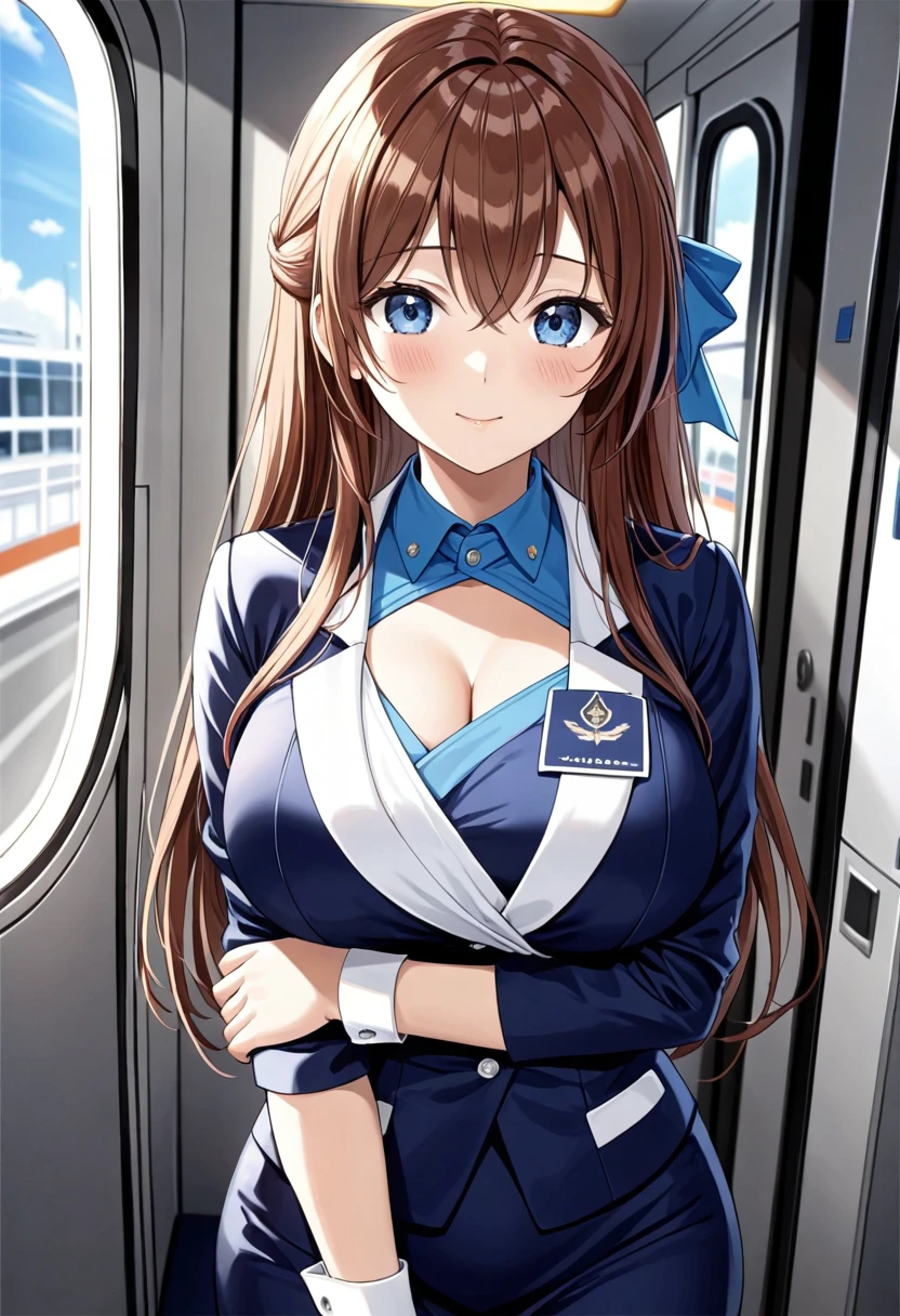 masterpiece, best quality, good quality, KanzakiAoi , KanzakiAoi, KanzakiAoi, 1girl, solo, long hair, brown hair, blue eyes, large breasts, hair ribbon, flight attendant costume,