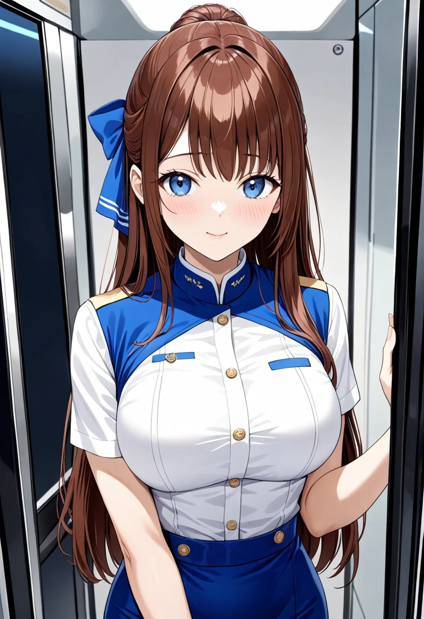 masterpiece, best quality, good quality, KanzakiAoi , KanzakiAoi, KanzakiAoi, 1girl, solo, long hair, brown hair, blue eyes, large breasts, hair ribbon, flight attendant costume,