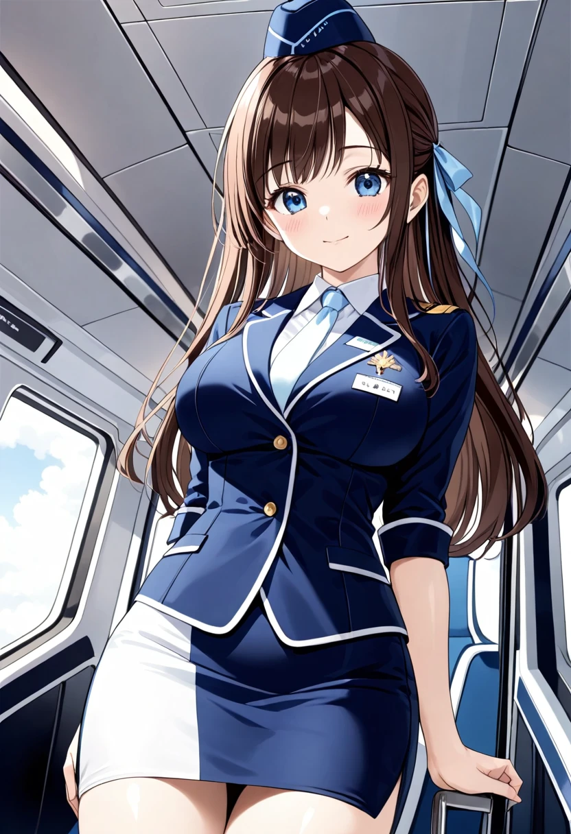 masterpiece, best quality, good quality, KanzakiAoi , KanzakiAoi, KanzakiAoi, 1girl, solo, long hair, brown hair, blue eyes, large breasts, hair ribbon, flight attendant costume,