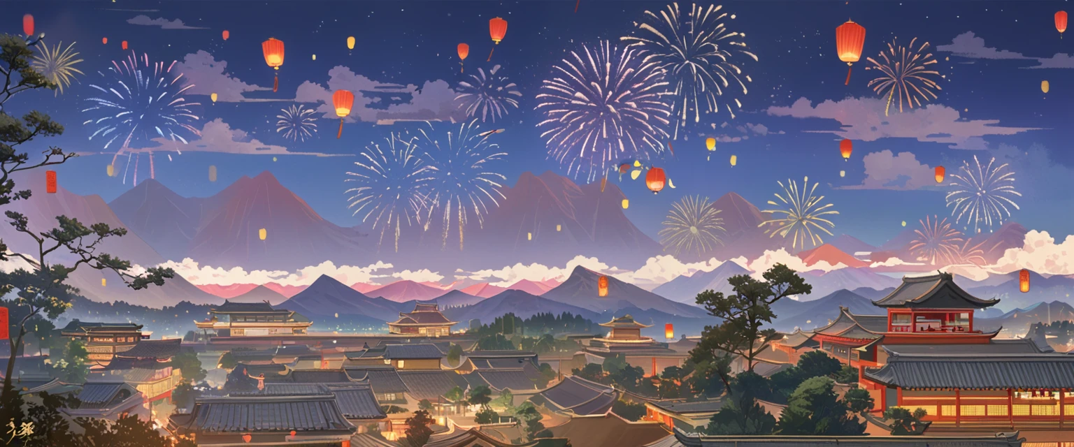 Chinese style， red background ，Depth of Field，Vision，Scene Graph，far away，Vision，Auspicious Clouds，Cirrus ，Original painting style，Distant Mountains， holiday atmosphere，Spring Festival，far away的灯笼和孔明灯，night，Dark，Season ，Sense of atmosphere，Ink，fireworks，The Great Tang Dynasty， no one，bustling，, I only see the roof ，street，ground，far away的小孔明灯，joy，Mountains and Rivers，red environment，Warm light，The mountain is very short，No birds ，Fireworks，Cheerful