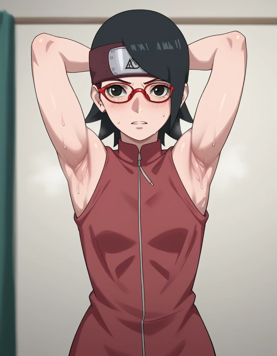 sarada uchiha, short hair, black hair, black eyes, red-framed eyewear, glasses, swept bangs,,(Armpit，Armpit，Armpit sweat，脇の皺:1.3),room， bedroom，(steam，steamimg:1.1)， red dress