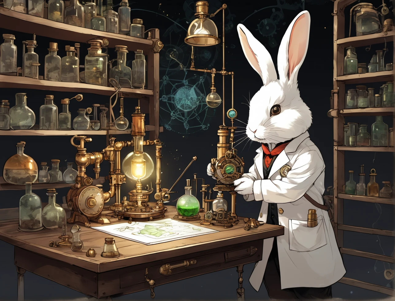 alchemy, ((A cute boy rabbit scientist )) , 古風な図解はalchemy師のexperiment室を描いています,  steampunk full of scientific equipment ,  experiment:1.6, faded illustration:1.2,  Complicated Device :1.1, Ships:1.1, 