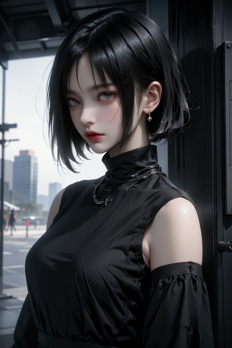 4k-ultra sharp、highest quality, masterpiece, ultra high resolution, (reality: 1.4), girl, purple eyes, Off-the-shoulder sweater dresses, cinematic lighting、purple and black hair、(mine girl、goth makeup、mine makeup)、(Pierced ears、big breasts、Oversized black T-shirt with open shoulders、dark mini skirt)、((dark makeup、oil skin,sparkling skin、realistic skin texture、detailed beautiful skin、shiny skin)), Dark downtown at night、night、blue film photography、kabukicho、Dark Cyberpunk、(full shot:1.8)、thin legs、thin arms、thin shoulders、thin waist、slender body、big breasts、whole body、((Mega Big Tits)),milk yellow hair、