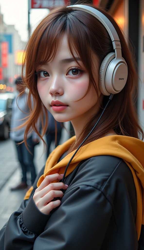 sonyの  headphonesを着用している:1.5、  headphones、 One naughty girl 、Magical Girl、  COMPLETE ANATOMY 、  small face、Fuller lips、Brown Hair、Distinctive hairstyle、Dove Kyun's finger looks like 、Modern hoodie、  knee socks、((( blurry background、Street Corner、day々view of)))、  Inverted nipples 、 High image quality、 High image quality、   cinematic way to write 、 professional photographer 