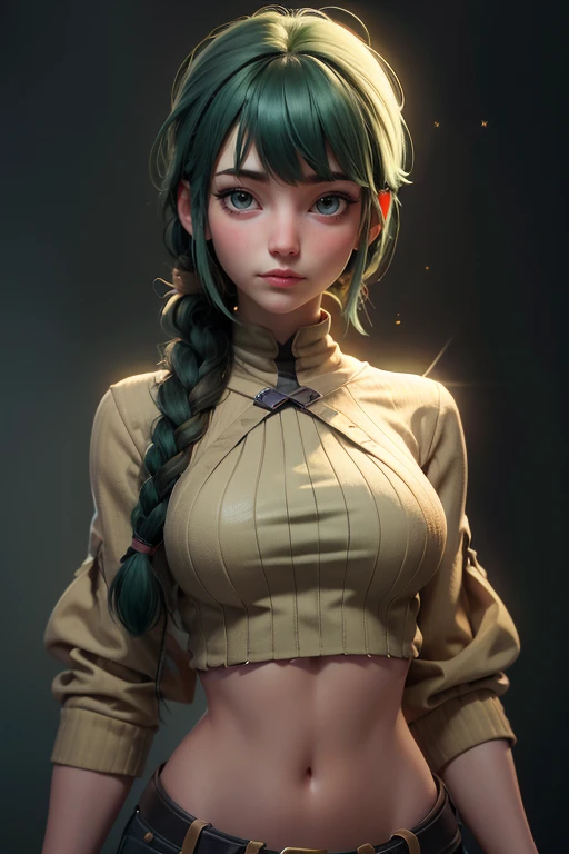 score_9, score_8_up, score_7_up, 1girl, textured skin, pupils sparkling, dark green hair, feather bangs, front braid, beige eyes, medium breasts, light brown shrug, foggy atmosphere 