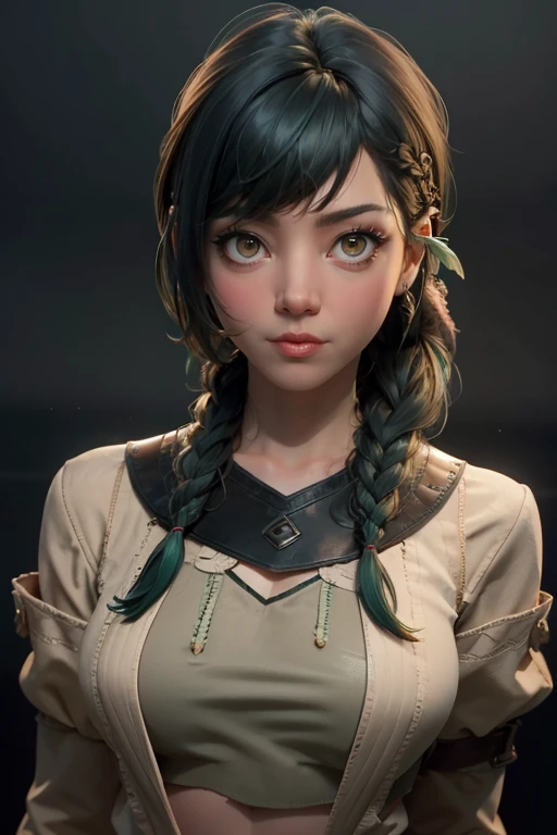female with green eyes, black hair tied to a bun, strapless midi dress, red scarf around her neck, flowy arm sleeves