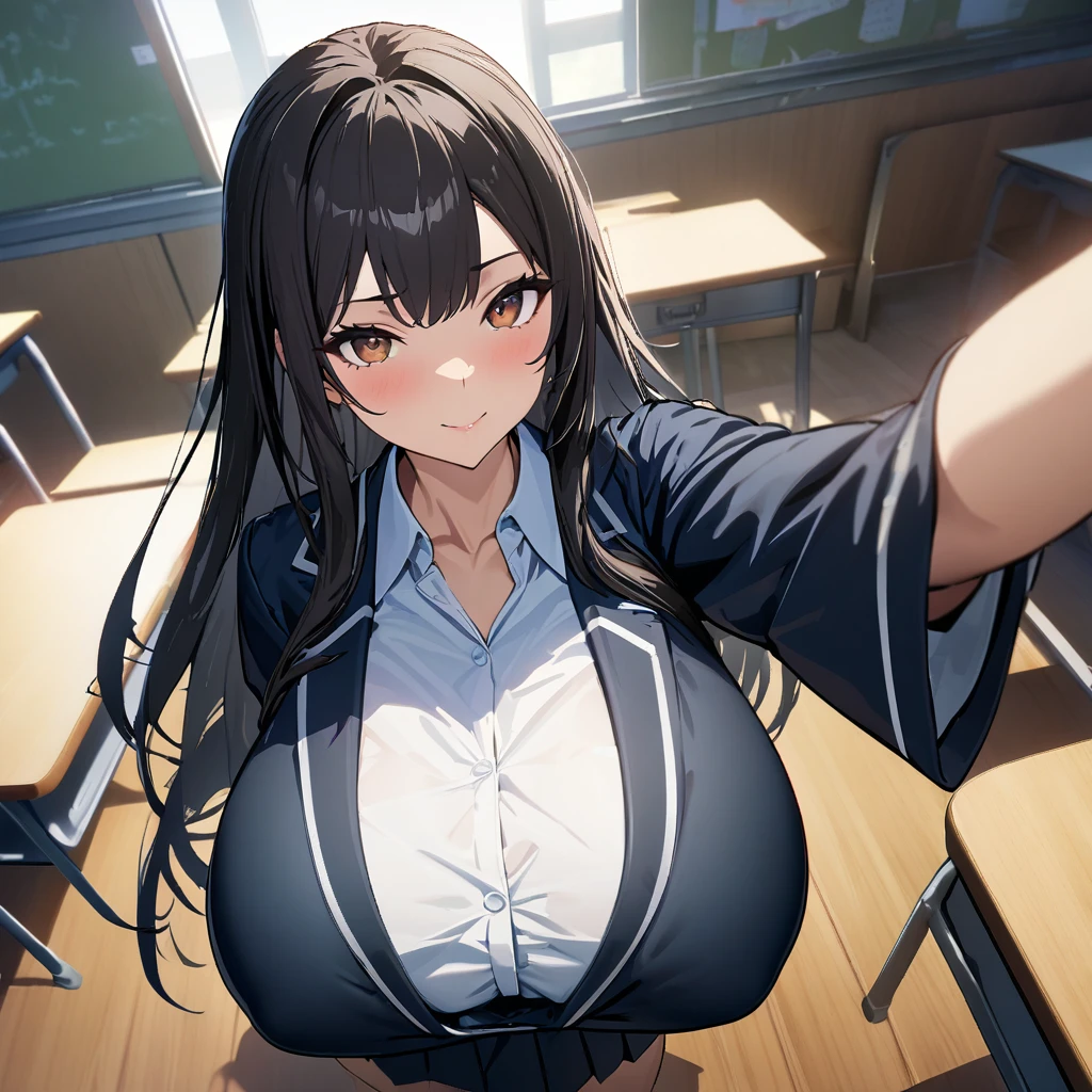 1girl,solo,long hair,black hair color,brown eyes color,High School Uniforms,mega huge breasts,looking at viewer,standing up,in classroom,UHD,High Resolution,master piece,Best Quality,High Quality,super Details