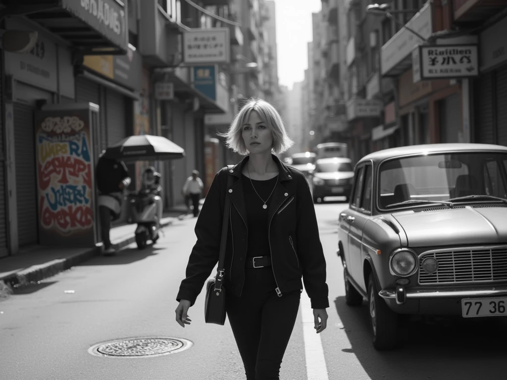 black & white street art photo, A Polish woman with short blonde hair walking on street in Hong Kong, polish fiat126 on the right