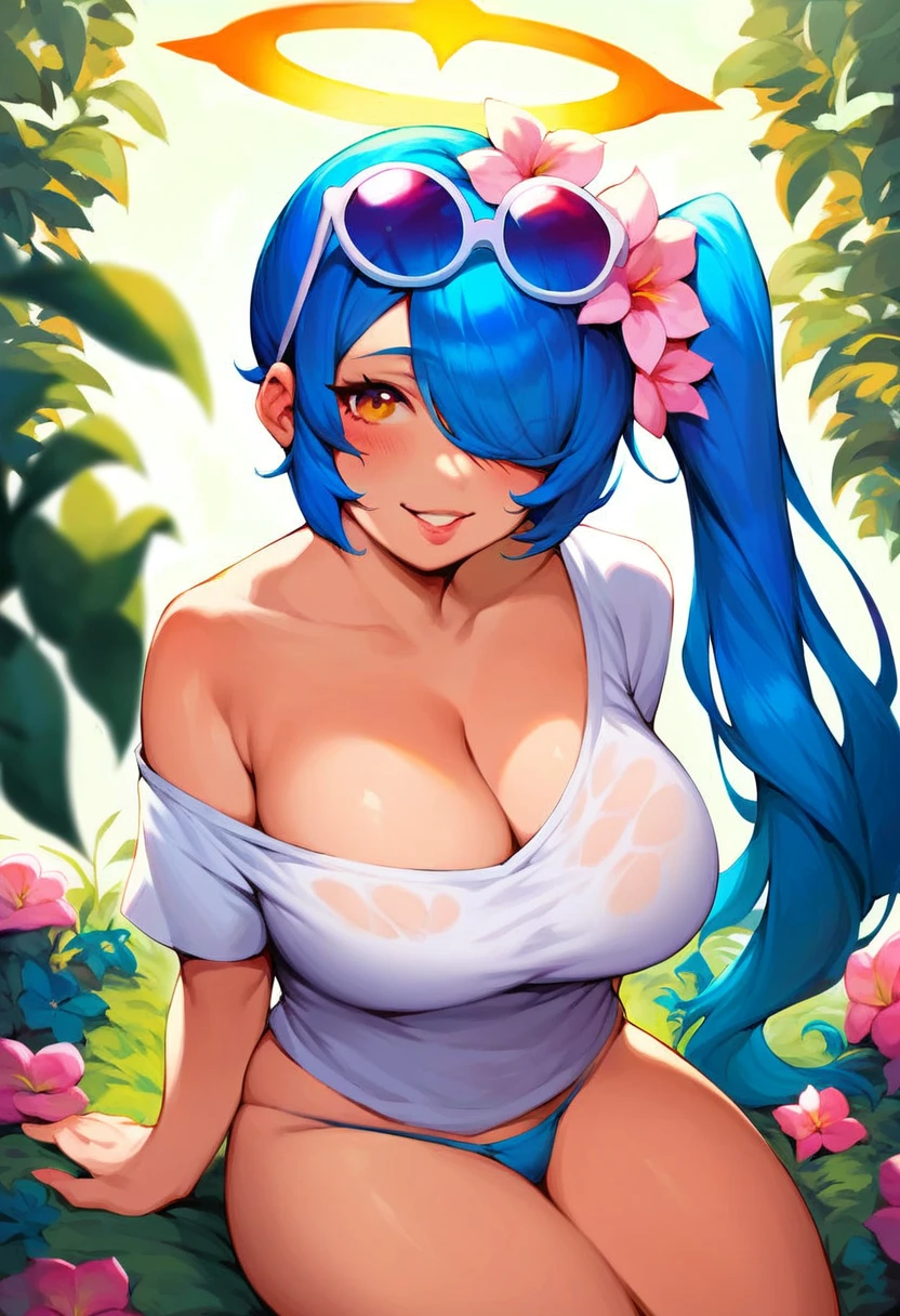 score_9,score_8_up,core_7_up,hiyoriswim, 1girl, solo, breasts, halo, blush, cleavage, flower, eyewear on head, side ponytail, hair over one eye,  bangs, large breasts,sitting,white background, thong ,t-shirt, white shirt, single off shoulder,smile,happy,parted lips