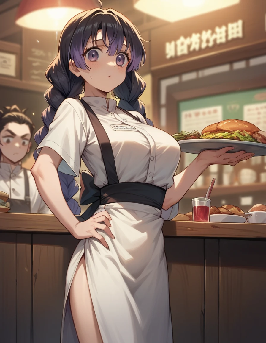 Mitsuri, demon slayer, slim waist, perfect body, big boobs, detailed face, working as a part time waitress in a restaurant, enjoying the work