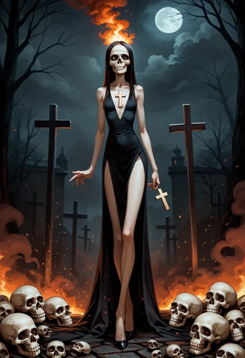  great quality ,  Maximum realism , ultra graphics, young woman (((( with black straight hair long to the waist)))), with brown eyes,  slim bodyсложение, ((( slim body,  long legs, skinny legs))),  in a black detailed silk dress with long straps, ((( holds a cross ))), (((in the other hand, a skull )), Night, dark,  on 19th century square , (((замок 19 века в огне горит smoke))) smoke, There is fire everywhere, everything is burning,  the path is covered with black charred bones and skulls  (((young woman вылезает из кровавой деревянной бочки)))