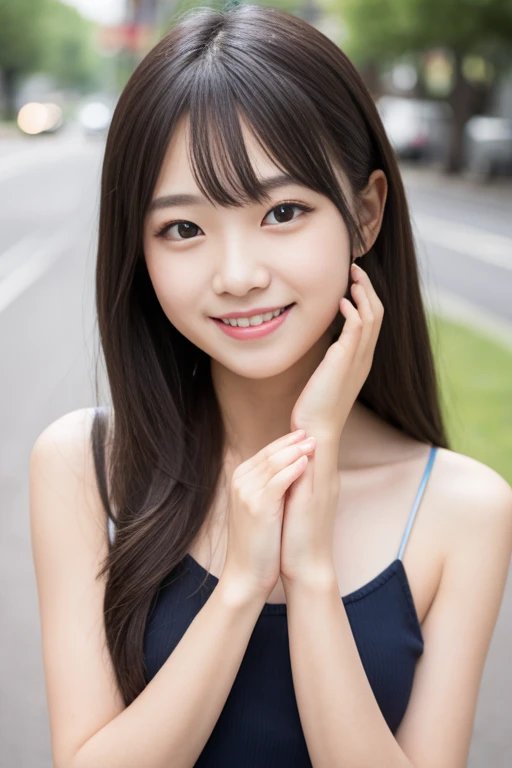      High Quality Masterpiece     , 8k,        Japanese Girls,       RAW photo,  Winner portrait smile face, 笑face, Alone, uniform, Summer Clothes Idol&#39;face, violet, Gardenia,         delicate girl,                            Long Black Hair      , Dark Eyes, Upper body digital SLR, Frank, Sophisticated,  Thin arms,   Perfect for professional writing        ,    chromatic ablation   , (Details of the eye and face: 1.0), (Bokeh button:1.1)