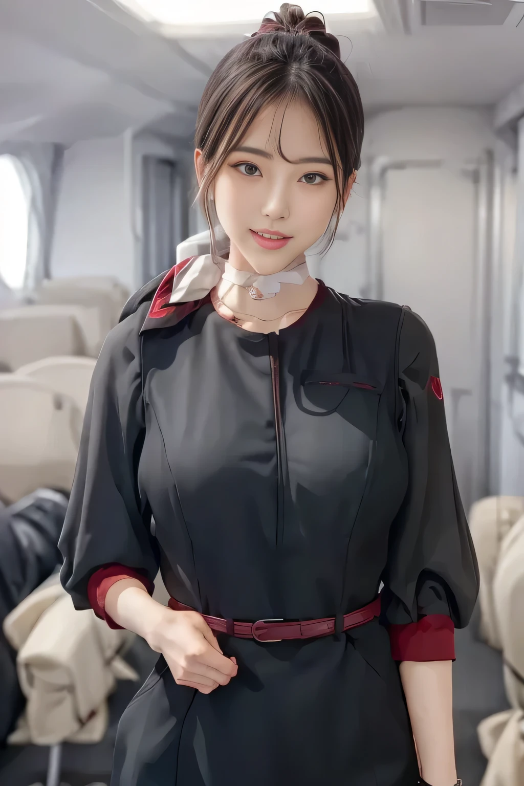 (masterpiece:1.2, Best Quality:1.2), 32K HDR,  high definition, (alone、 1 girl)、（ style wearing an Airasia Flight Attendant Uniform ）, A proper woman,  beautiful face, Brown Hair, (Long hair that reaches down to the feet), ( red jacket,  open jacket,  open white shirt ,  red miniskirt ,  pantyhose),（ her big breasts are visible from her open white shirt）、 perfect slim body, Big Breasts, Big cleavage,  detailed skin textures,  beautiful eyes, ( attractive looks),  necklace 、 earrings for a woman alone, On the roof of a building, ( leg-length super long hair 、Super long haired ponytail ）、 necklace 、 earrings for a woman alone, ponytail、Red rubber band、（（Great hands：2.0）），（（ Harmonious Body Proportions：1.5）），（（Normal limbs：2.0）），（（Normal finger：2.0）），（（Delicate eyes：2.0）），（（Normal eyes：2.0））)、 On the roof of a building, , blue eyes、Hands clasped underneath、 raise one leg 、Innocent face 