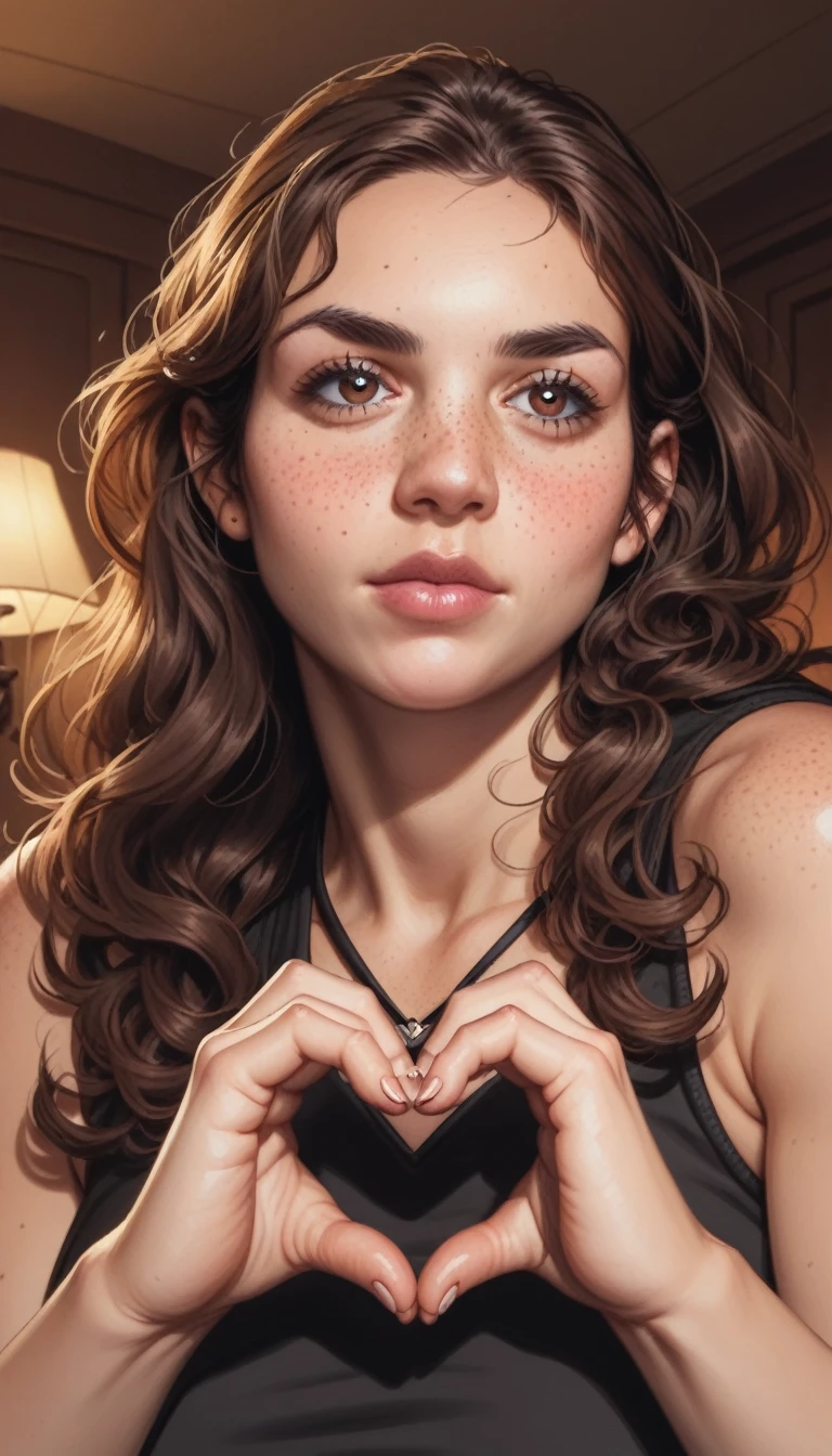 (GeGe:1.2), detailed face, GeGe face, detailed eyes, detailed eyebrows, brown hair, long hair, (woman, brunette, brown eyes, freckles), (huge breasts),
((woman forming heart hands)), detailed fingers, brown hair, long hair, (dark, melancholic tone), dark fantasy art, 1 woman, looking to viewer, woman portrayed in her naturalness, sensual, noble, pure and self-confident, sporty, shy, seductive look, dark colored shadow, neon details, low contrast, brown eyes, glossy lips with glitter, long brown eyelashes, brown eyeliner, harmonious face