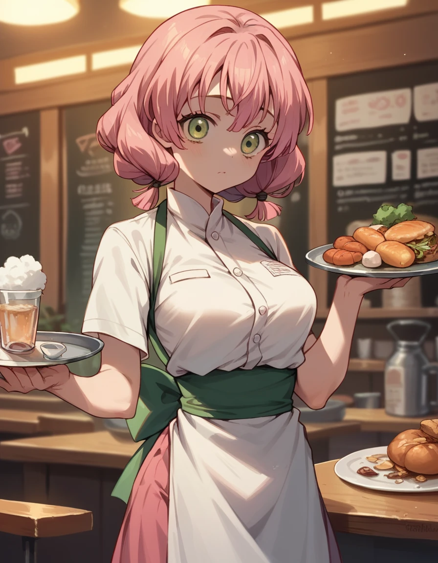 Mitsuri, demon slayer, slim waist, perfect body, big boobs, detailed face, working as a part time waitress in a restaurant, enjoying the work, pink hairs