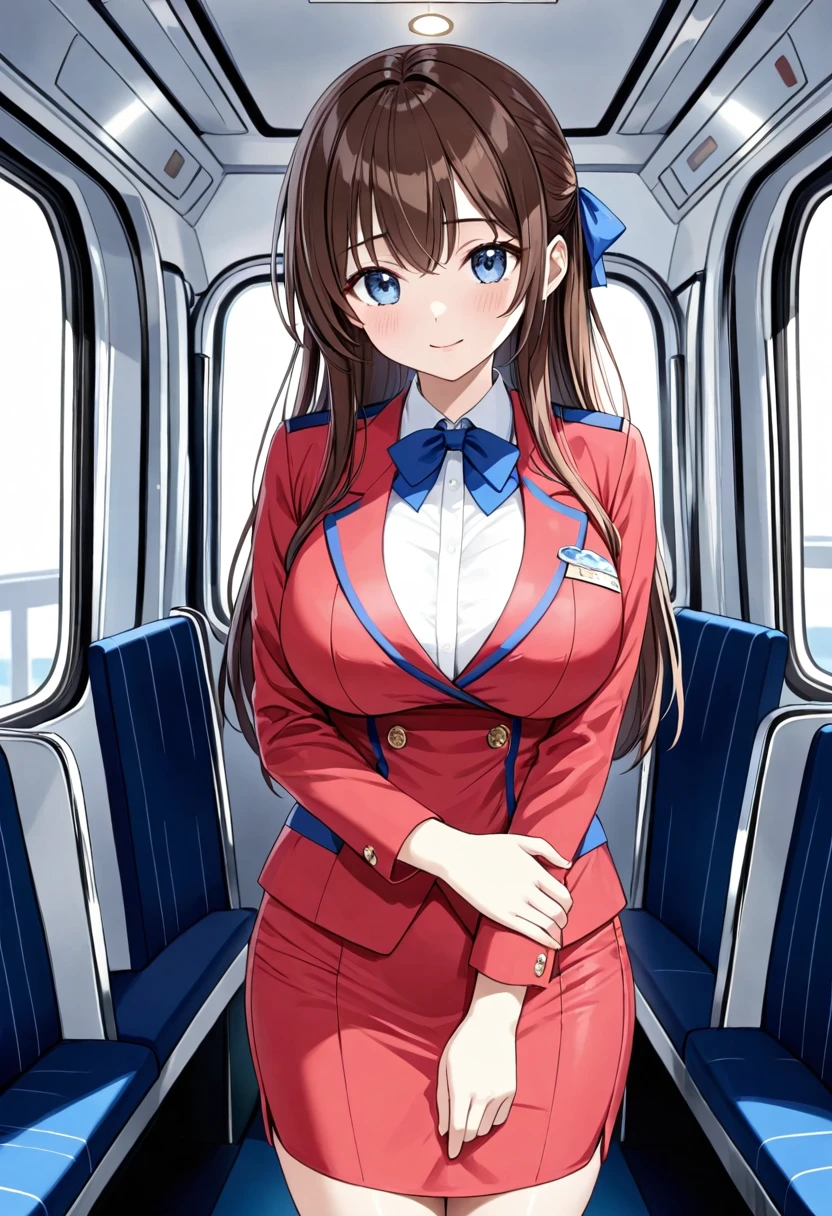 masterpiece, best quality, good quality, KanzakiAoi , KanzakiAoi, KanzakiAoi, 1girl, solo, long hair, brown hair, blue eyes, large breasts, hair ribbon, flight attendant costume,