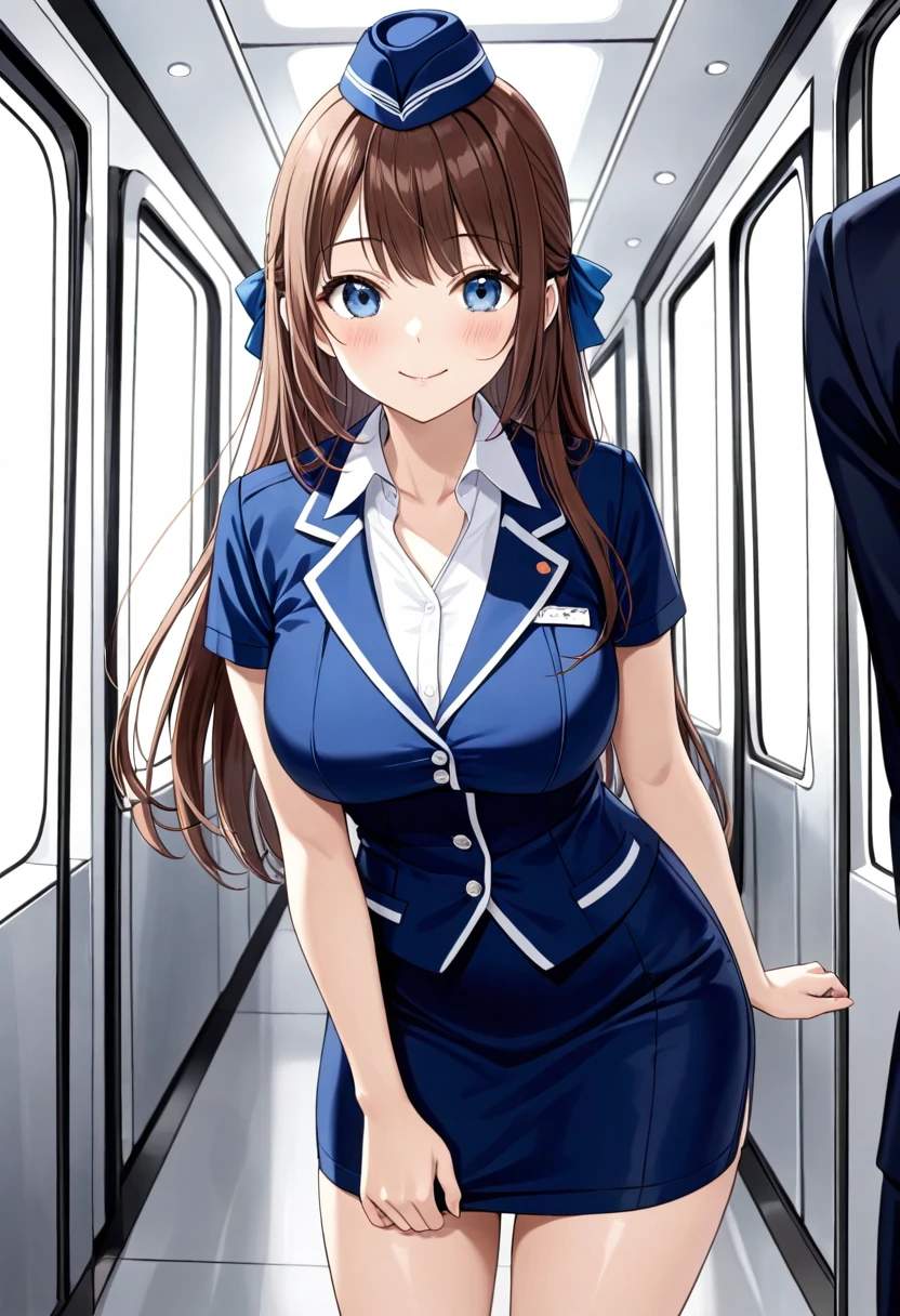 masterpiece, best quality, good quality, KanzakiAoi , KanzakiAoi, KanzakiAoi, 1girl, solo, long hair, brown hair, blue eyes, large breasts, hair ribbon, flight attendant costume,