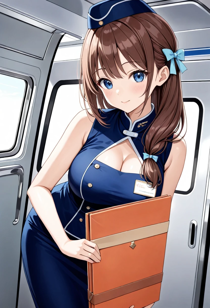 masterpiece, best quality, good quality, KanzakiAoi , KanzakiAoi, KanzakiAoi, 1girl, solo, long hair, brown hair, blue eyes, large breasts, hair ribbon, flight attendant costume,