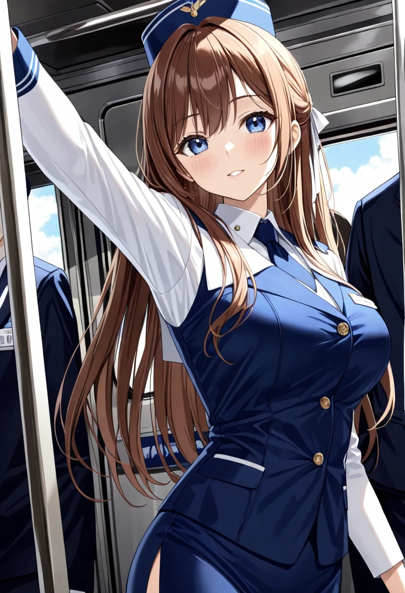 masterpiece, best quality, good quality, KanzakiAoi , KanzakiAoi, KanzakiAoi, 1girl, solo, long hair, brown hair, blue eyes, large breasts, hair ribbon, flight attendant costume,