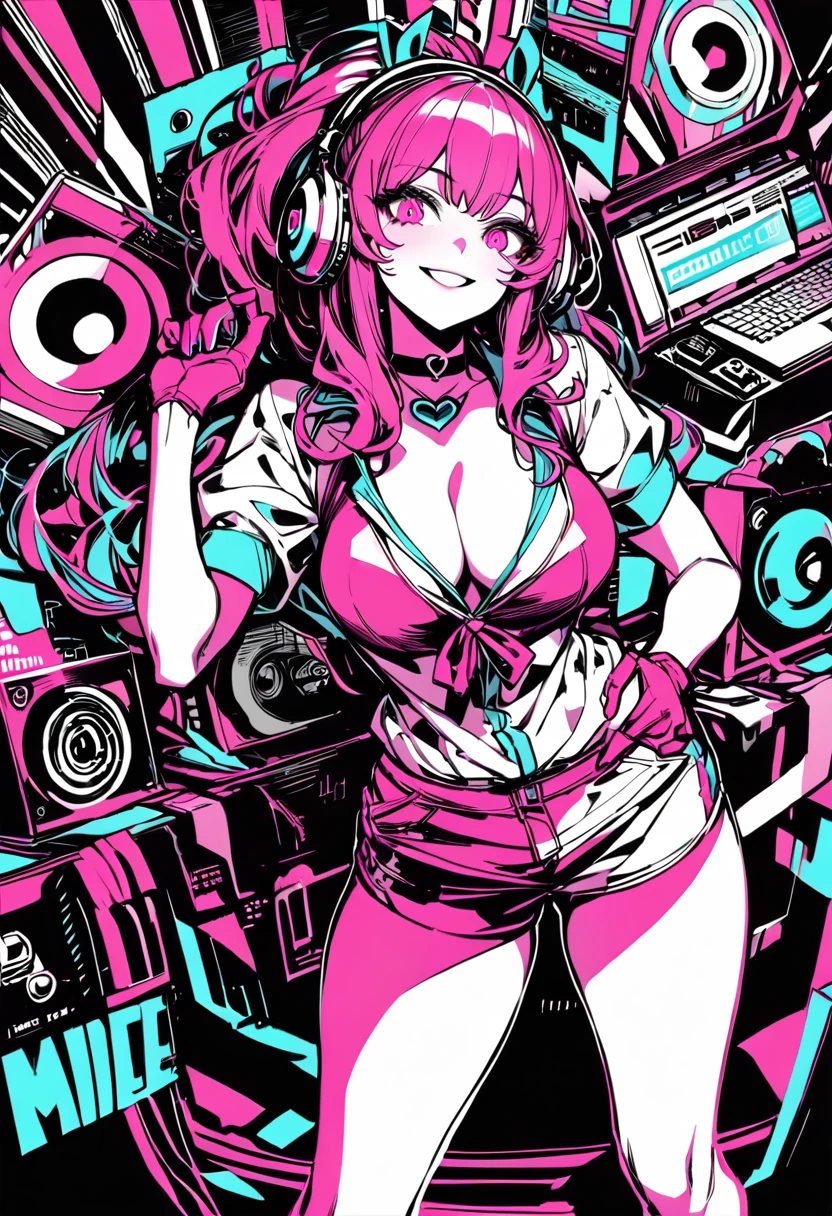 (Best Quality:1.2,  very detailed, up to date, Vibrant, Super detailed,  high contrast , masterpiece:1.2, Best Quality, Best Mideas, Midea: 1.2), woman,  pink long hair ,  Beautiful breasts, DJ, (pink detailed eyes ,  beautiful eyes), smile,  Light background  ,  heart shaped choker , ( pop art), colorful, long pink ponytail hair , Symbol Eye, +__+,  hip hop costume ,   listening to music with headphones,  look up , DJ Style, 