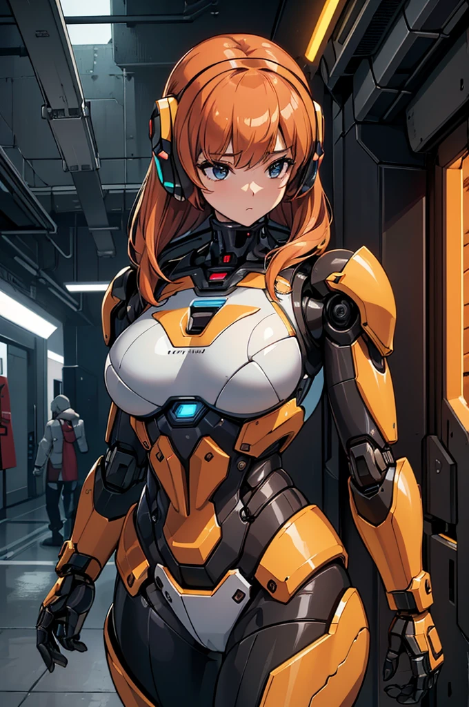 A beautiful young woman (Scarlett Johansson, age 25, Dressed appropriate to the scene) is a mecha pilot wearing an electronic sexy skinsuit, she is posing leaning against the leg of her large mecha (Labor unit, yellow and orange paint scheme, retractable tools), set in downtown future Tokyo