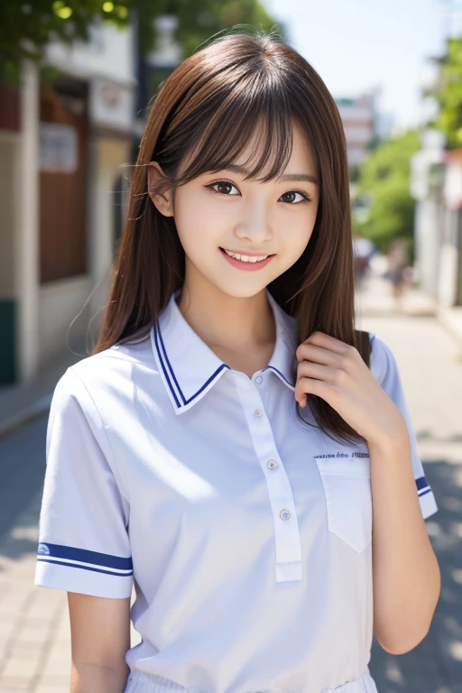      High Quality Masterpiece     , 8k,        Japanese Girls,       RAW photo,  Winner portrait smile face, 笑face, Alone, uniform, Summer Clothes Idol&#39;face, violet, Gardenia,         delicate girl,                            Long Black Hair      , Dark Eyes, Upper body digital SLR, Frank, Sophisticated,  Thin arms,   Perfect for professional writing        ,    chromatic ablation   , (Details of the eye and face: 1.0), (Bokeh button:1.1)