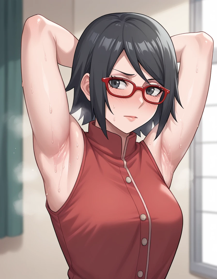 sarada uchiha, short hair, black hair, black eyes, red-framed eyewear, glasses, swept bangs,,(Armpit，Armpit，Armpit sweat，脇の皺:1.3),room， bedroom，(steam，steamimg:1.1)， red dress