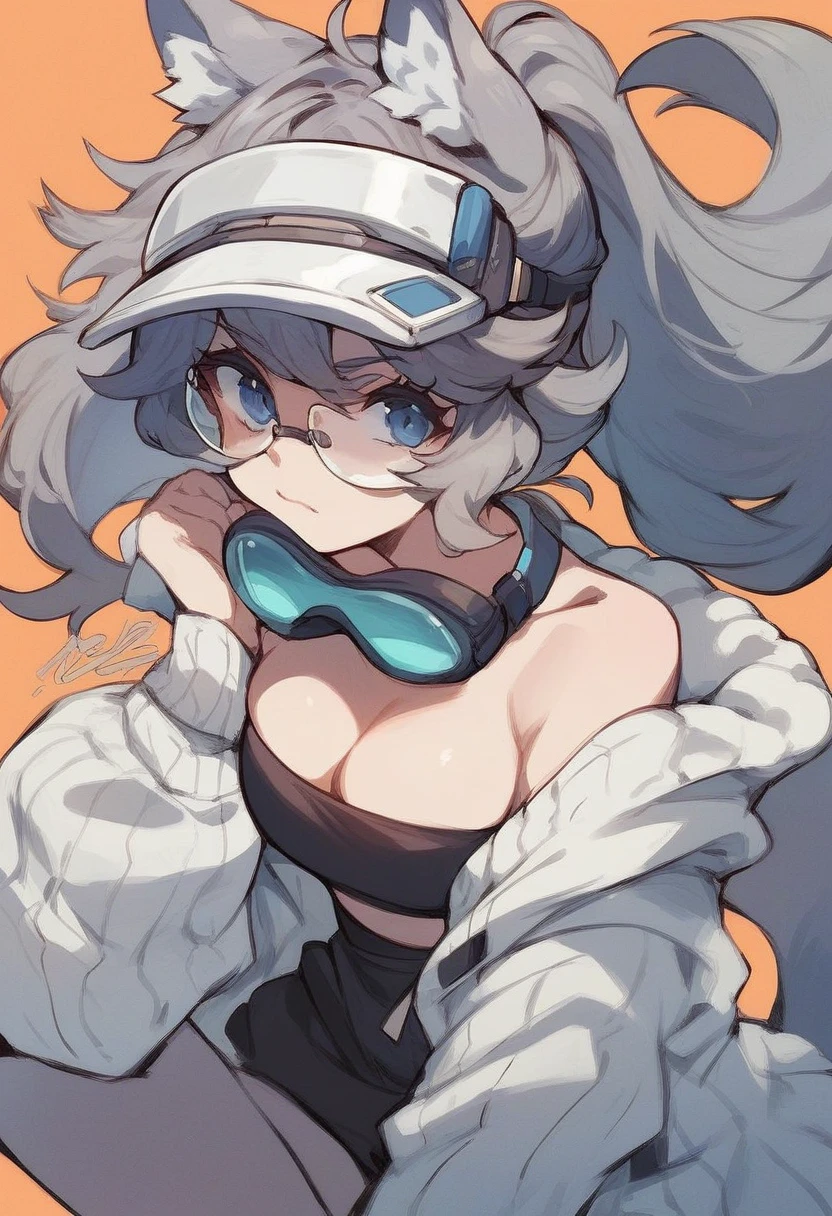 Score_9, Score_8_up, Score_7_up, Score_6_up, Score_5_up, Score_4_up, source_anime, Anime woman wearing white hat, Mr./Ms. glasses on visor, gray and white sweater, black tube top, 1girl, solo, animal ears, chest, blue eyes, tail, ponytail, gray hair, goggles