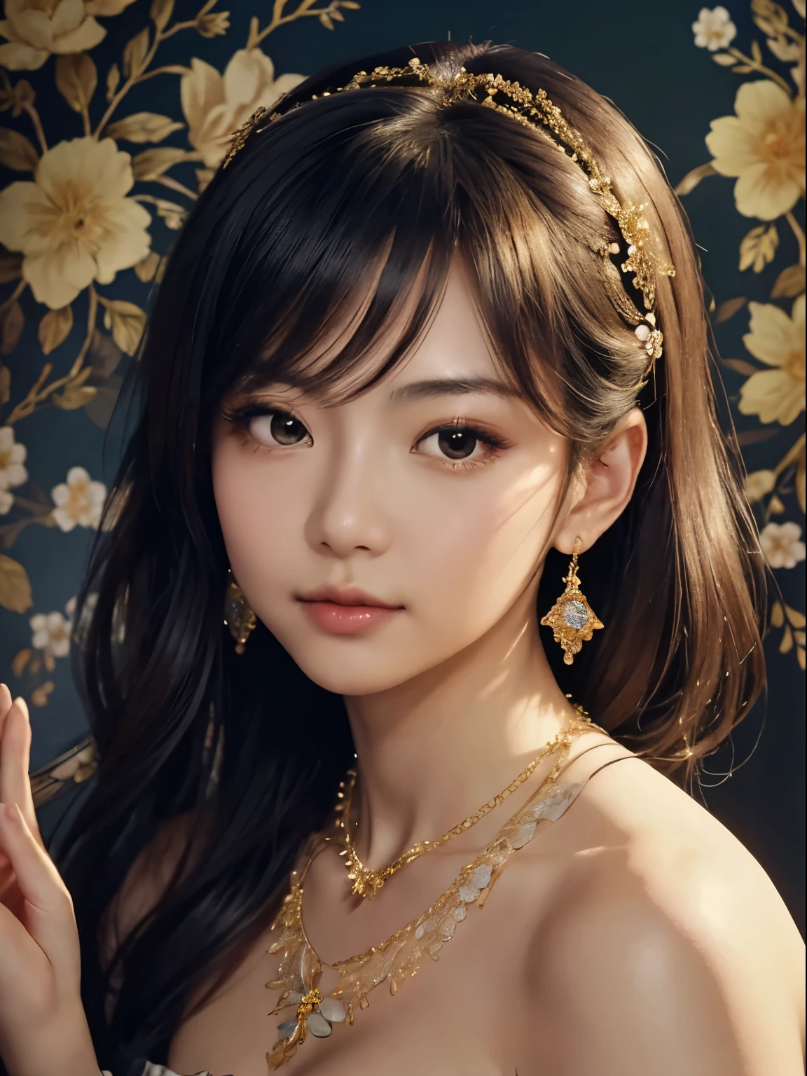 A beautiful Minami Aizawa is looking at me with a gentle expression. Around her neck is a jeweled pendant and necklace. Her head is covered with beautiful jewels and beautiful flowers and gold wire. She raises her arms and the fingertips of her hands are touching her lips. The background is a three-dimensional floral wallpaper screen. Realistic portraits, beautiful light and shadow effects, Full-color. Supervised by Lillian Bassman.