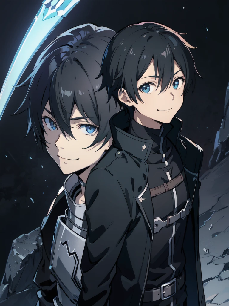 Kirito, anime style cool guy, Sword Art Online, black slim armor, black trench coat, 1boy, looking at viewer, standing, thinking, smiling, upper body, ultra-detailed, Simple background, high quality, high resolution,Guess face、A wicked smile、 tall、