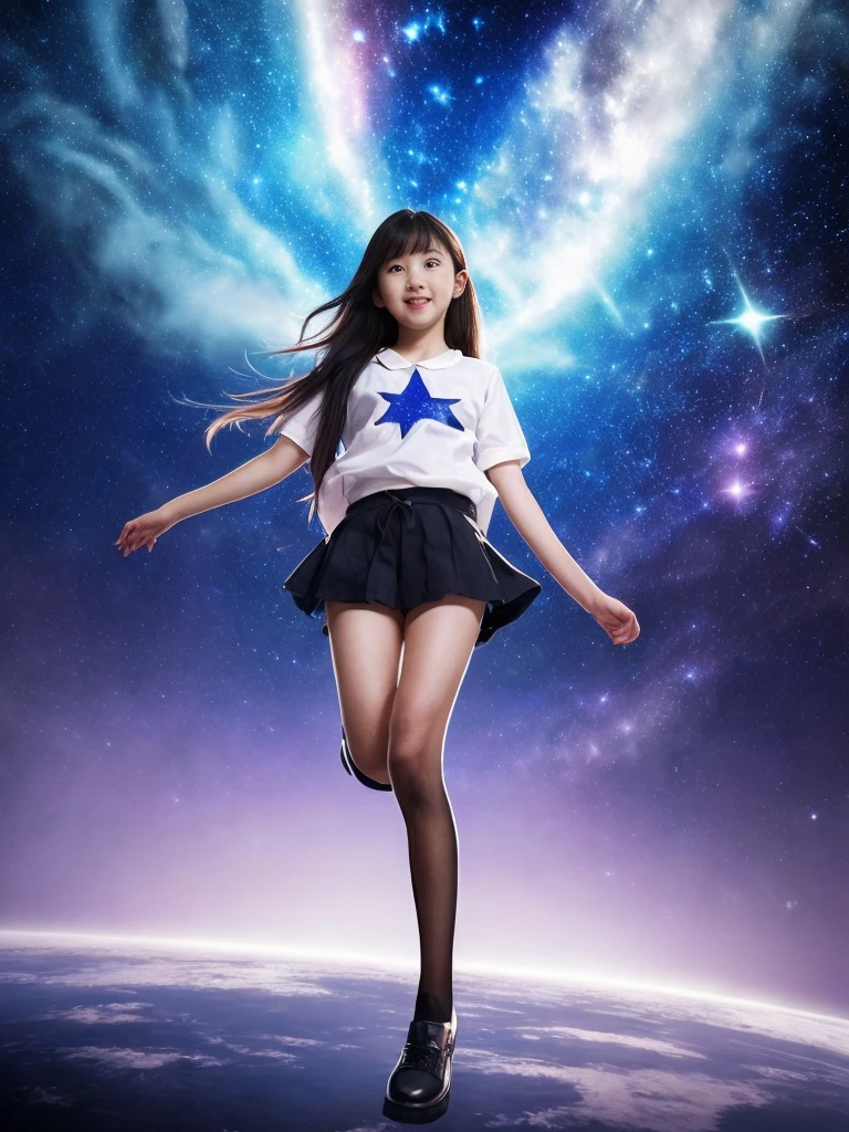 8 years old Asian girl dressed only in shirt and miniskirt showing panties flying in the universe with star perspective from below showing vagina black long stockings