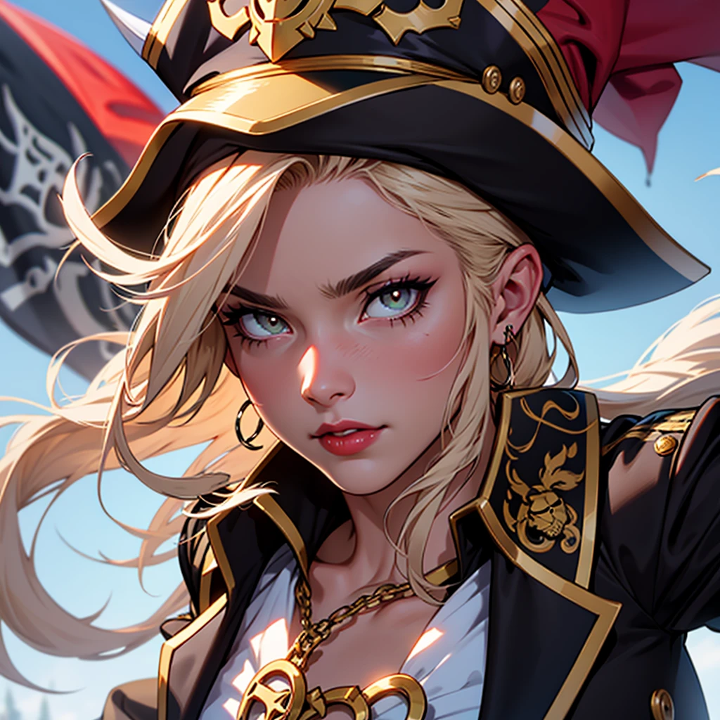 A beautiful and fierce pirate queen, long and light hair, olhos intensos, full red lips, wearing an ornate pirate captain&#39;s uniform, standing on the deck of your ship, ocean backdrop, dramatic lighting, film composition, highy detailed, comic style, details Intricate, stunning colors, dramatic shadows, temperamental atmosphere, (best qualityer,8K,high resolution,work of art:1.2),ultra detali,,cinematic lighting,battle pose, full body, dramatic expression,Elaborate costume,detailed ship in the background,stormy ocean waves