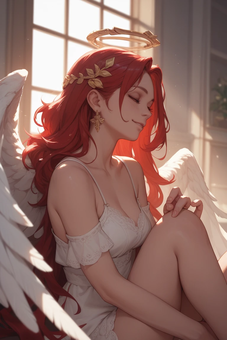 Anime style art, pale woman, light ginger hair, wavy hair texture, dark forest green eyes, dark brown freckles, pheonix wings, orang wings, thin eyes, small eyes, eyes half closed, side smirk, naked, laying on bed, without clothing, naked woman, hair in face, side part, side bangs, hair in eyes