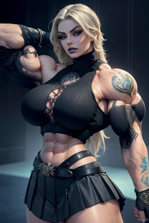 ((Close-up)), tall, (cyan hair) beautiful muscular woman, long beachy hair, white skinned, closed smile, ((tattooed body fully adorned with intricate designs)), (large breast), (black lipstick), (massive muscles), (hyper muscle), (((ginormous bulky muscles))), purple eyes, ((((turtleneck crop top)))), ((((pleated skirt with belt)))), (fingerless gloves), (choker), knee high boots, top of a dark skyscraper, 