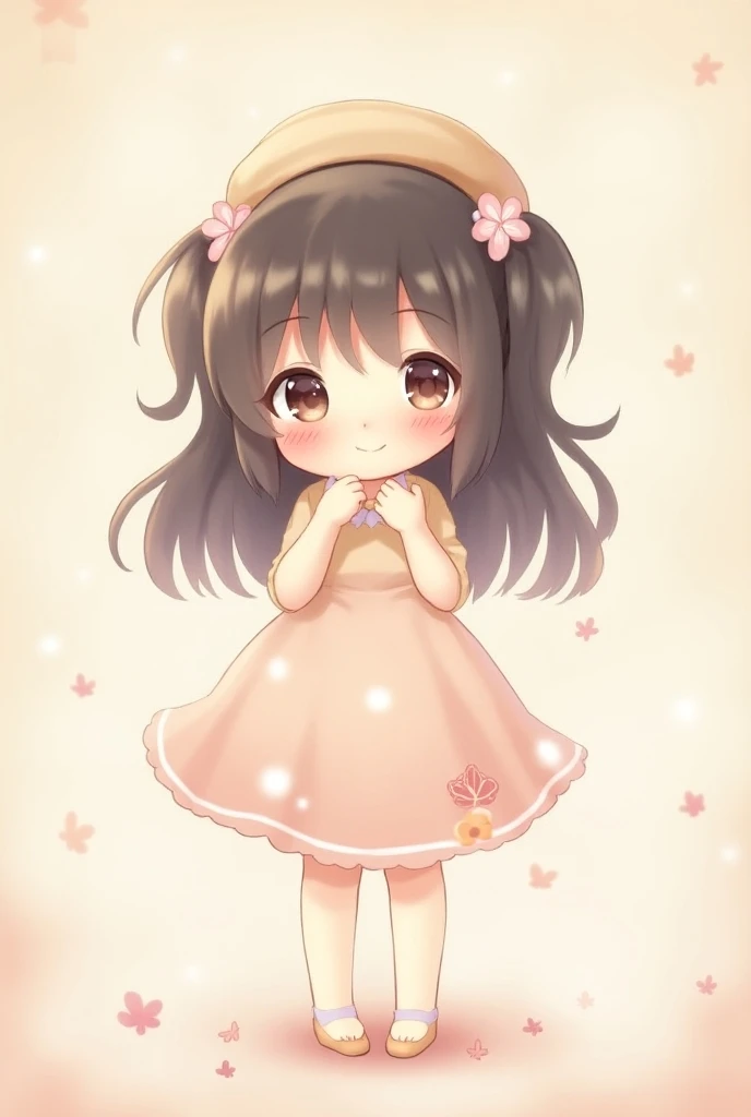 girl,flower pattern , black hair,brown eye,long hair,chibi,standing, put hands on body, full body,green background