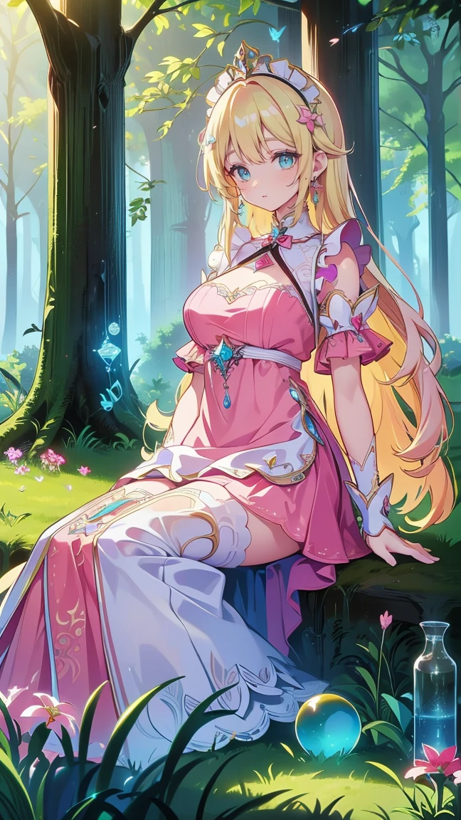 1girl, elf, (gold tiara with blue, pink purple gems), owl themed accessories, she lives in burrow in the deep forest full of colorful plants and exotic cretures