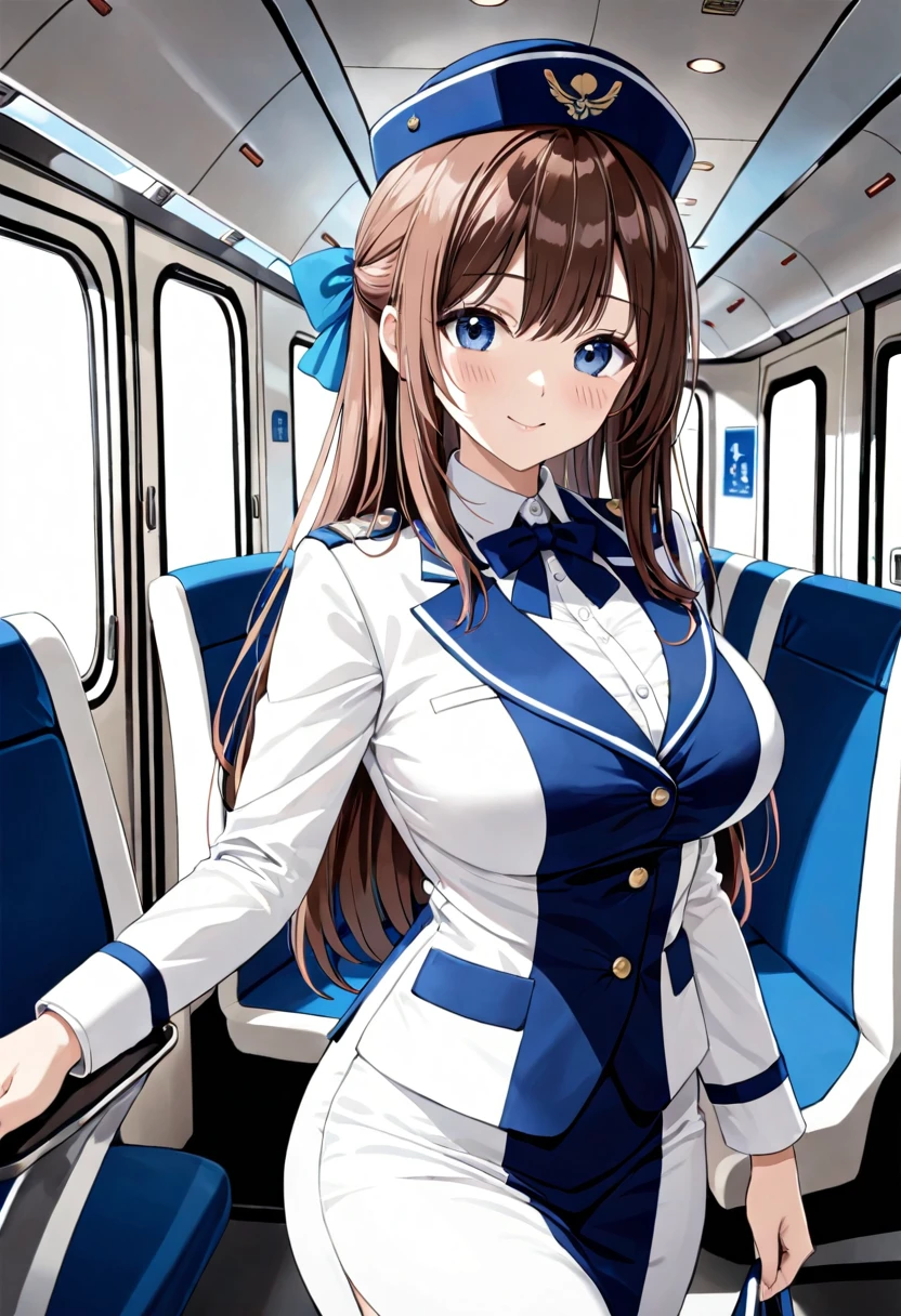 masterpiece, best quality, good quality, KanzakiAoi , KanzakiAoi, KanzakiAoi, 1girl, solo, long hair, brown hair, blue eyes, large breasts, hair ribbon, flight attendant costume,