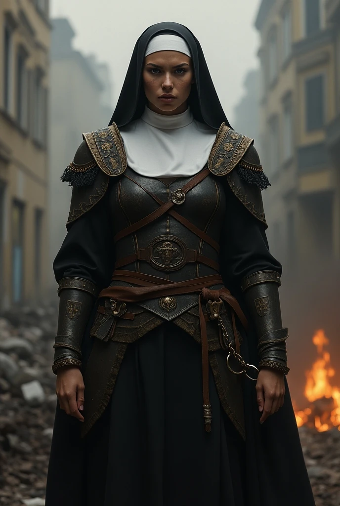 (masterpiece, top quality, best quality, official art, beautiful and aesthetic:1.2), (1girl:1.3), ((Sharp facial features, sharp features, hawkish features)), ((grey eyes)), busty paladin knight girl, extremely detailed, portrait, looking at viewer, solo, (full body:0.6), detailed background, full-body shot, (cold mountain nighttime glacier theme:1.1), holy knight, (nun), charlatan, smirk, mysterious, swaying in mountains, armor, polished metal, gold trim, long boots, white fabric, pelvic curtain, robe, pale leather, ((((nun, crossbow, heavy armor, armored, long legs, robes, prayer scrolls, toned, muscular)))), slim waist, slim hips, long legs, medieval (mountain exterior:1.1) background, dark mysterious lighting, shadows, magical atmosphere, dutch angle