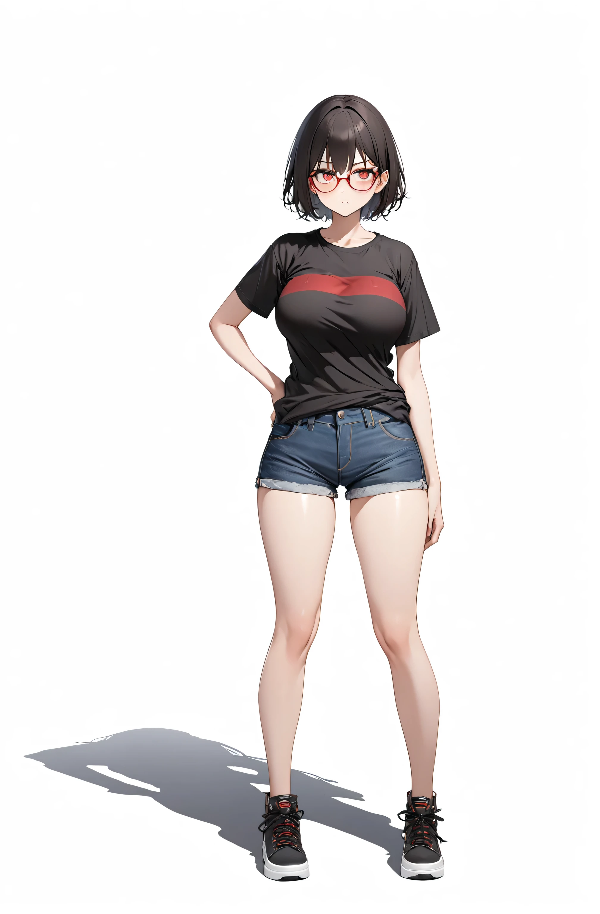 Ultra-detailed eyes、 black hair shortcuts 、Big Tits 45、 plain black t-shirt without logo、 DENIM SHORTS 、Red glasses、Bad look in the eyes、dissatisfaction、Reddish brown eyes、Ultra-detailed eyes、4K