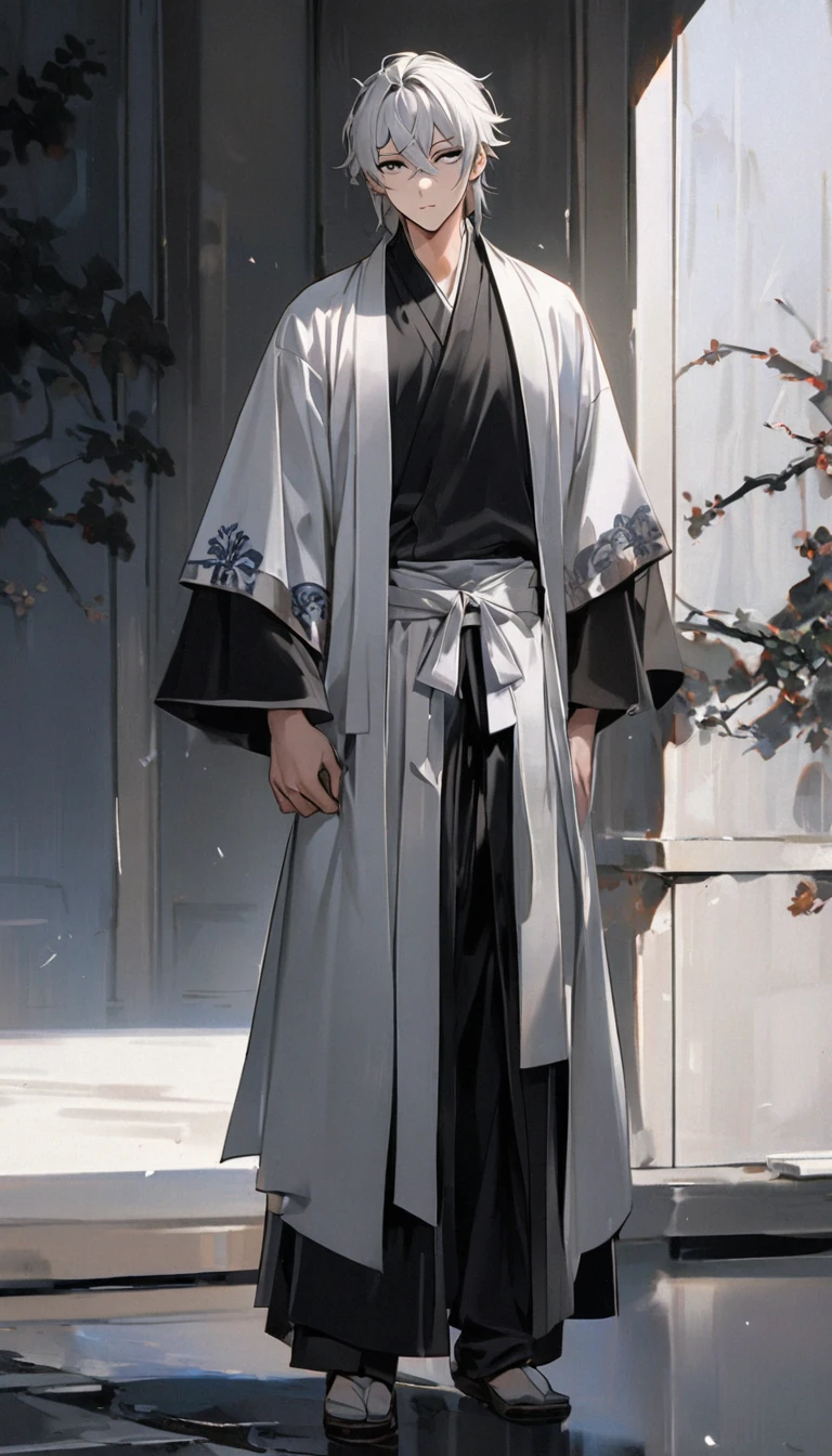 1 person, boy, High school student, Handsome,  Stunning Face , Perfect eyes,  slim figure, Young man,  crossed bangs ,  white hair , Black eye, Standing obliquely looking to the side,  from head to toe , ((whole body)), The right ratio(7.5), standing, Chinese martial arts movie costume, Escort, A wary expression, 4K, Illustrated works 